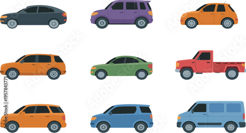 Passenger Cars Vector Set with Colorful City Vehicles, Modern Urban Transport, Sedan Wagon Pickup Hatchback and SUV Traffic Collection