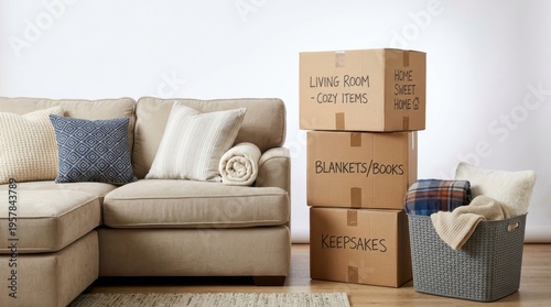 Comfortable Sofa Beside Stacked Moving Boxes Labelled for Home Arrival and Storage