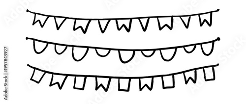 Crayon hand drawn bunting pattern set. Doodled flag garland pack. Kid sketched celebration flag chains and pennons for birthday decoration, footer, banner. Vector party pennon illustration bundle