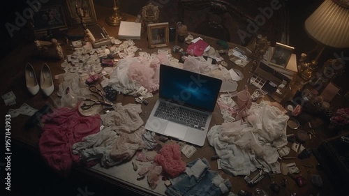 Messy desk with laptop and scattered items under warm lamp light