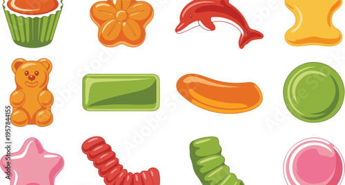 Cartoon Jelly Sweets Vector Set with Colorful Gummy Animals, Hearts, Stars, Marmalade Bears, Chewy Fruit Candies, Delicious Confectionery