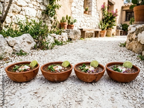 Four Rustic Clay Bowls of Spicy Black Bean Soup Served Outdoors
