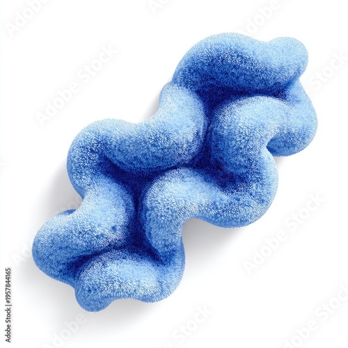 A close-up shot of a textured blue, abstract, squiggly shape against a clean white background
