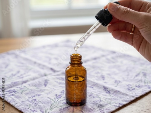Hand dispensing clear liquid from dropper into amber glass bottle on patterned cloth