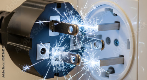 Electrical plug sparking dangerously as it is inserted into a wall socket, posing a fire hazard