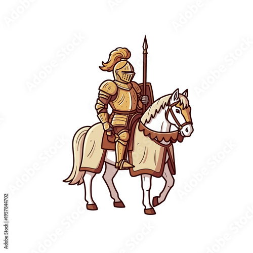 Cartoon illustration of a medieval knight in golden armor riding a white horse, holding a spear, ready for battle or jousting.