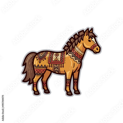 Stylized brown horse illustration with intricate tribal patterns and decorative saddle, featuring a braided mane and tail.