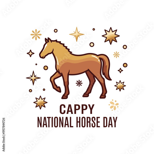 A stylized brown horse walking in profile, surrounded by golden stars and dots, with 'HAPPY NATIONAL HORSE DAY' text below.