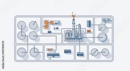 Industrial process diagram with machinery.