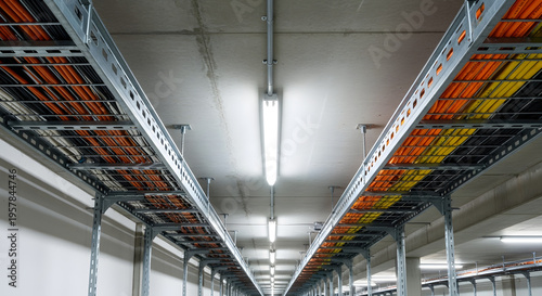 Organized network and electrical cable trays with orange and black wiring in a long hallway with overhead lighting