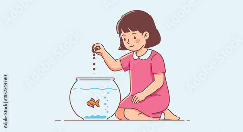 Little girl feeding goldfish in bowl.
