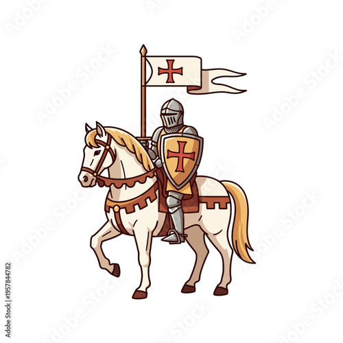A medieval knight in shining armor riding a white horse, holding a shield and carrying a flag with a red cross.