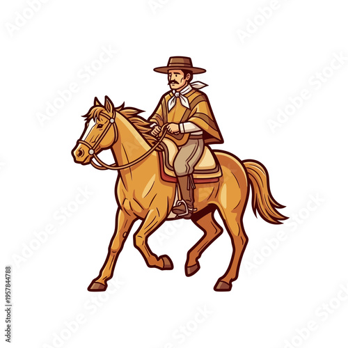Illustration of a traditional gaucho riding a brown horse in a dynamic pose.
