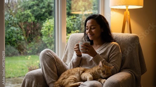 Woman relaxing at home with cat drinking coffee by window on rainy day cozy lifestyle