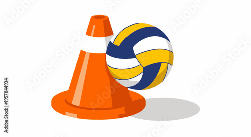 Volleyball and traffic cone sports equipment.