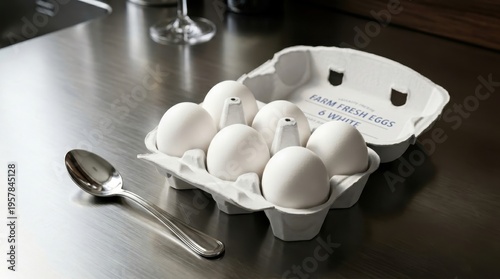 Six Immaculate White Eggs in Cardboard Carton for Farm Freshness