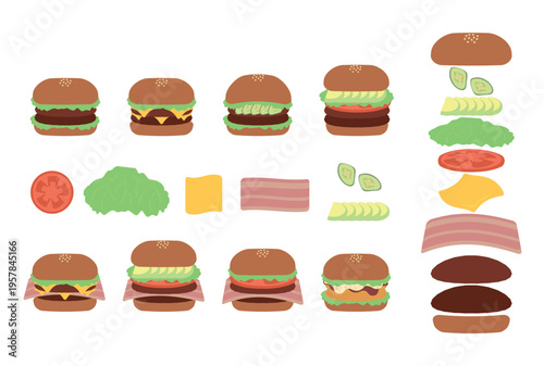 色々な具材のハンバーガーのアイコンイラストセット