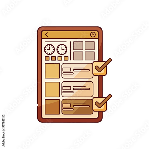 Flat vector illustration of a digital tablet showing a checklist and schedule interface with checkmarks.
