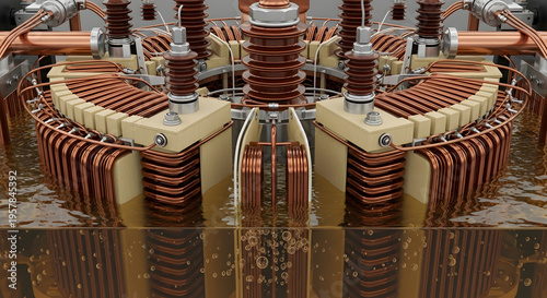 Detailed view of the intricate copper windings and insulating oil within a high-voltage power transformer, showcasing the core components of electrical energy conversion and distribution