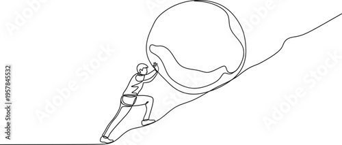 Continuous single line drawing of person pushing heavy rock symbolizing challenge struggle and perseverance concept
