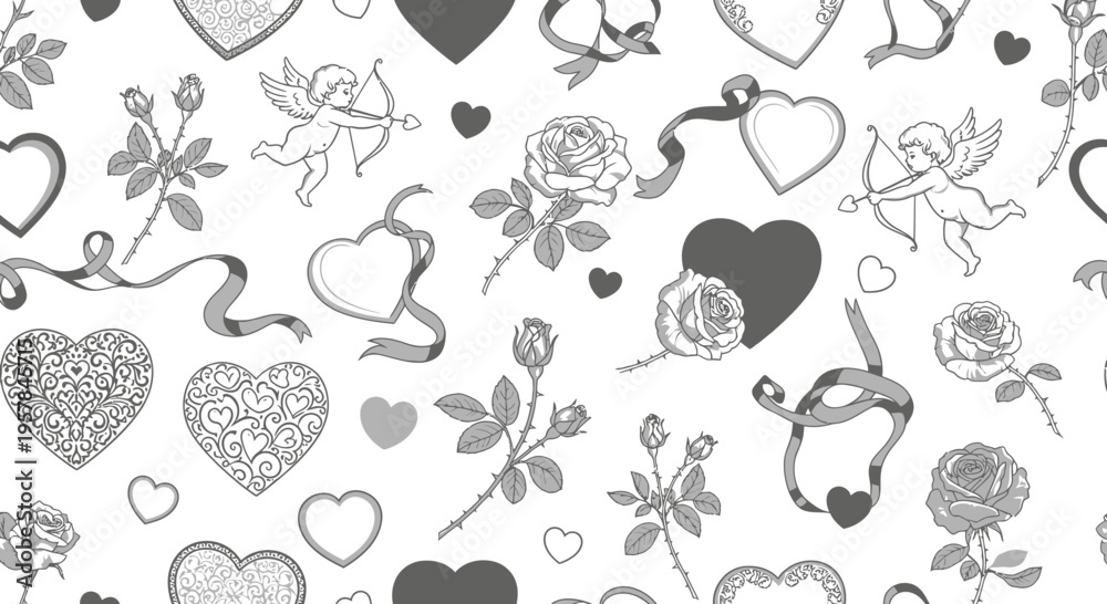 Fototapeta premium Valentines day pattern of hearts roses ribbons and cupids on white background