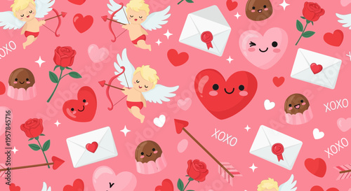 Valentines day pattern with hearts cupid arrows roses and envelopes
