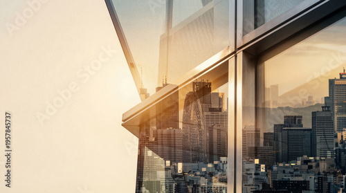 Tableau sur toile Double exposure photograph of a modern glass skyscraper reflecting a vibrant city skyline at sunset