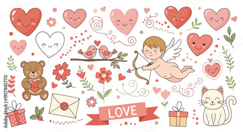 Valentines day vector elements featuring hearts cupid teddy bear and gifts
