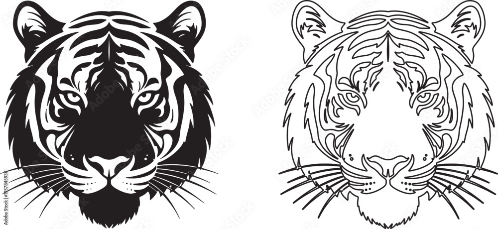 Obraz premium Tiger Head Black White Illustrations & Vectors