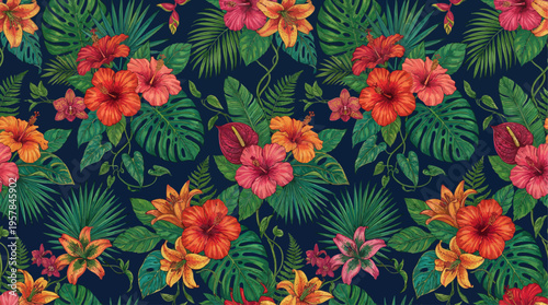 Seamless Tropical Floral Pattern with Vibrant Exotic Flowers on Dark Background