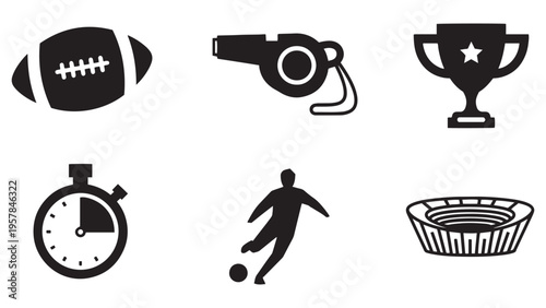 American Football and Soccer Sports Icon Set in Silhouette Style for Athletic Event Branding and UI Design