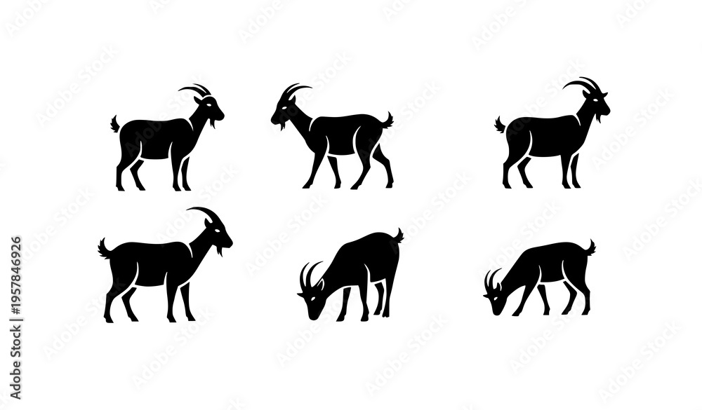 Fototapeta premium Minimal goat silhouette icons farm animal vector set with simple poses isolated on white background