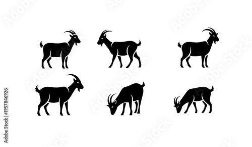 Minimal goat silhouette icons farm animal vector set with simple poses isolated on white background