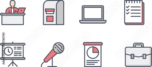 Business office icons set presentation meeting checklist laptop microphone briefcase workspace management productivity vector outline modern design concept illustration