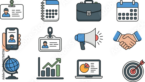 Business icon set with global communication, marketing strategy, analytics dashboard, teamwork, digital technology, finance, corporate management, productivity tools