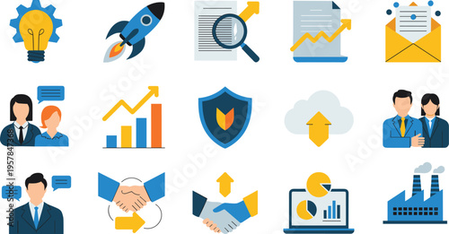 Business strategy icons set with analytics growth, communication, cloud computing, cybersecurity, teamwork, startup innovation, financial report, digital marketing concept