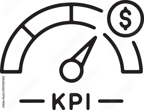 Art & Illustration, Business KPI speedometer icon with a dollar sign to show financial growth, performance tracking, and success measurement for corporate dashboard reports.