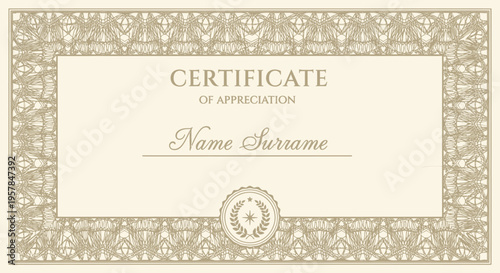 Professional Certificate of Appreciation Template with Elegant Guilloche Border and Official Seal for Academic and Corporate Awards