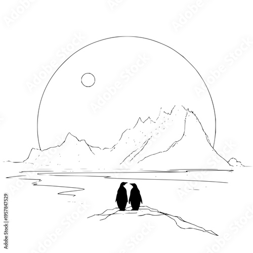 Two Penguins Standing on Iceberg in Front of Mountain Range at Sunset