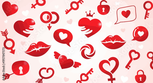 Valentines day vector set with hearts keys locks arrows on pink background