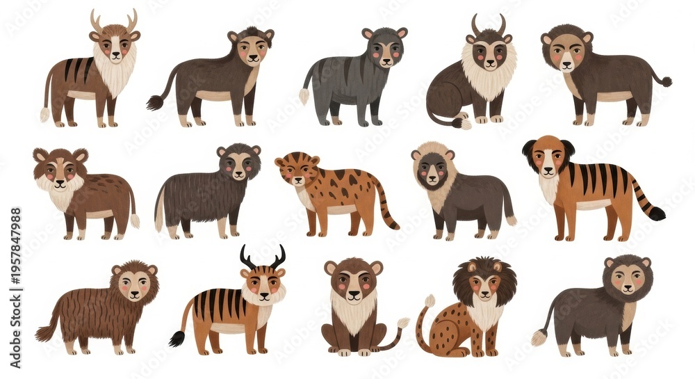 Fototapeta premium Playful illustration of 15 wild animals in various poses on white background including lion tiger bear and more for educational or decorative use