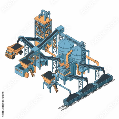 Isometric Coal Mining and Processing Plant Illustration.