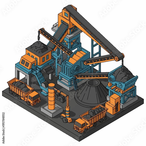 Isometric Coal Mining and Processing Plant Illustration.
