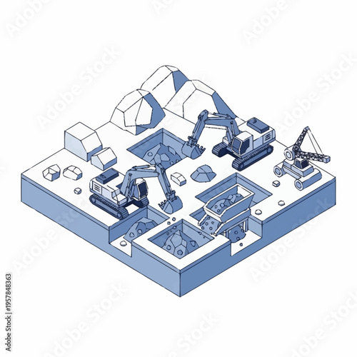 Isometric illustration of a construction site with excavators and mining equipment.