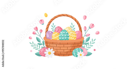 A colorful Easter basket filled with decorated eggs and flowers on a pastel background with a joyful and celebratory mood