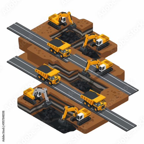 Isometric illustration of a multi-level construction site with excavators and dump trucks.