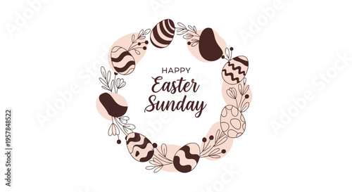 Illustration of a Happy Easter Sunday wreath with decorated eggs and bunnies on a pastel pink background, featuring flowers and a decorative frame