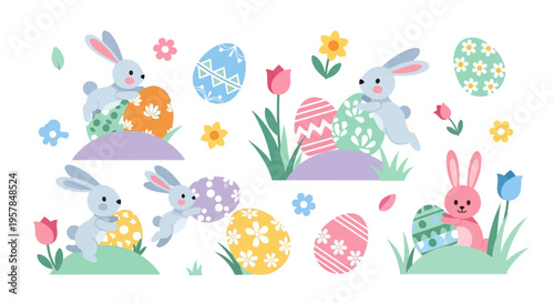 Colorful Easter illustration of cute bunnies and decorated eggs in a garden with pastel flowers and a joyful celebration atmosphere