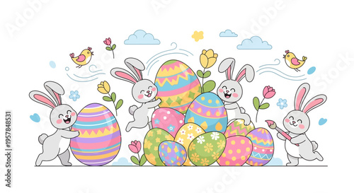 A colorful Easter illustration featuring cute bunnies and decorated eggs on a pastel background with flowers and butterflies