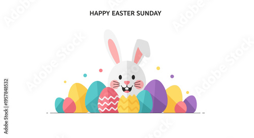 A cheerful Easter bunny peeks out from behind a colorful array of Easter eggs on a pastel background, surrounded by festive decorations and flowers